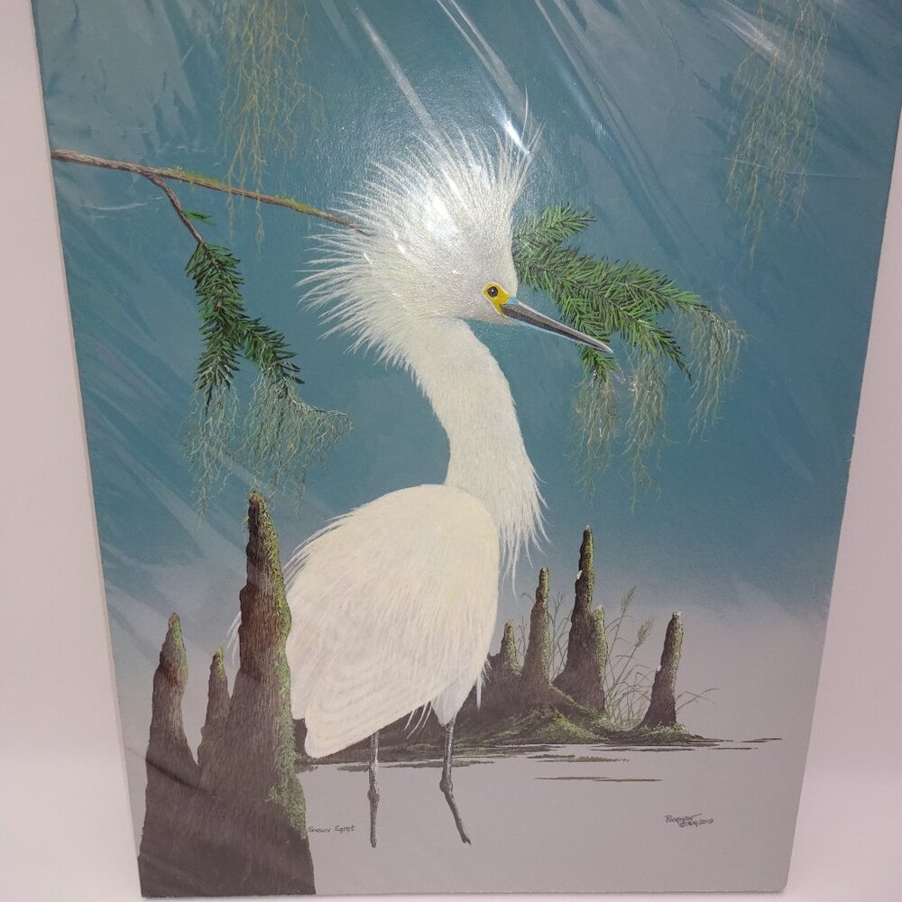 New 12" x 16" Curtiss E Poormon Snowy Egret Print Painting Art Signed Aug 2019